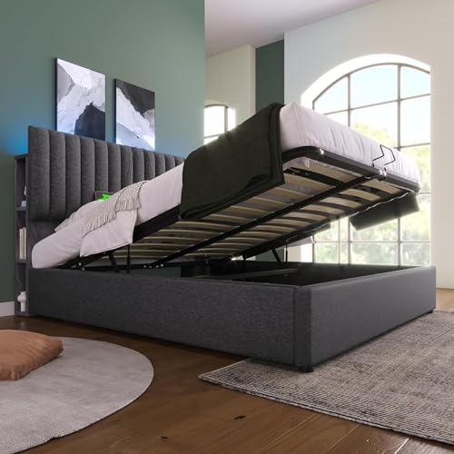 Kayan Polsterbett Stauraum Doppelbett LED-App-Control Bett mit Aufladen USB Type C Ladefunktion, Stauraum & Verstellbares Kopfteil,160x200cm Lattenrost aus Holz, Grau (160x200cm) von Kayan