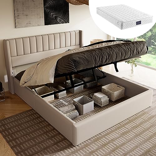 Kayan Stauraumbett Polsterbett Hydraulisch Doppelbett 140x200cm, Lattenrost aus Holz, Bett mit Lattenrost aus Metallrahmen, Leinen (140x200cm +Matratze, Beige 1) von Kayan