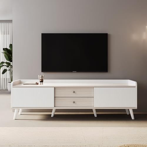 Kayan TV Lowboard TV-Schrank Fernsehschrank 160cm, Moderner TV-Lowboard mit Zwei Schubladen, Zwei gestreifte Schiebetüren, TV-Regal für Wohnzimmer und Esszimmer (Weiß) von Kayan