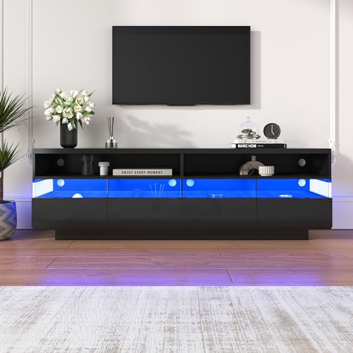 Kayan TV-Schrank, Hochglanz-TV-Schranktisch, lowboard mit LED-Beleuchtung, Zwei Fächer und Vier große Schubladen, viel Stauraum (Schwarz) von Kayan