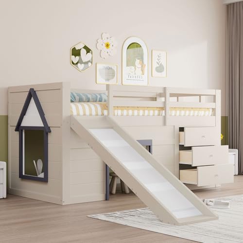 Kinderbett 90x200 cm, Niedriges Hochbett mit Rutsche und Drei Schubladen, Stauraum unter dem Bett, Holzbett mit Leiter, Funktionsbett Kinderbett mit Lattenrost und Rausfallschutz, Creme (90x200 cm) von Kayan