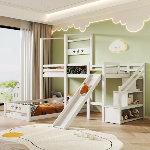 Kinderbett Etagenbett mit Tafel und Rutsche,Treppe mit Stauraum 90x200 cm Einzelbett mit Rausfallschutz, Hochbett für Kinder 2X Lattenrost- Weiß (mit Stauraum) von Kayan