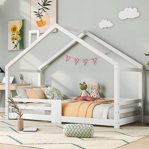 Kinderbett Hausbett mit Schornstein | Rausfallschutz| Robuste Lattenroste |Kiefernholz Haus Bett für Kinder, 90 x 200 cm (Weiß) von Kayan