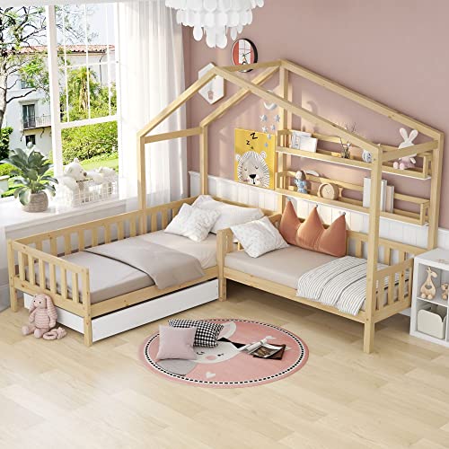 Kayan Kinderbett Hausbett mit Schubladen und Regalen, Massivholz mit Zaun und Lattenrost, L-Struktur, Natur (90x200 cm+140x70cm) von Kayan