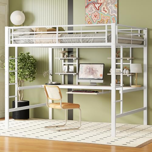 Kinderbett Hochbett 140x200 cm, Bettgestell Metallbett mit Schreibtisch und Zwei Bücherregalen für Kinder Jugendliche und Erwachsene, Weiß von Kayan