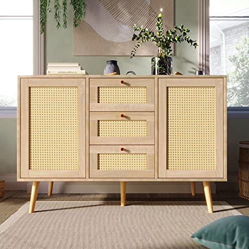 Kommode mit 2 Türen und 3 Schubladen, Rattan Sonoma Eiche, Verstellbare Ablage, Massivholzfüßen, für Wohnzimmer Schlafzimmer-120 x 82 x 40 cm (B/H/T) von Kayan