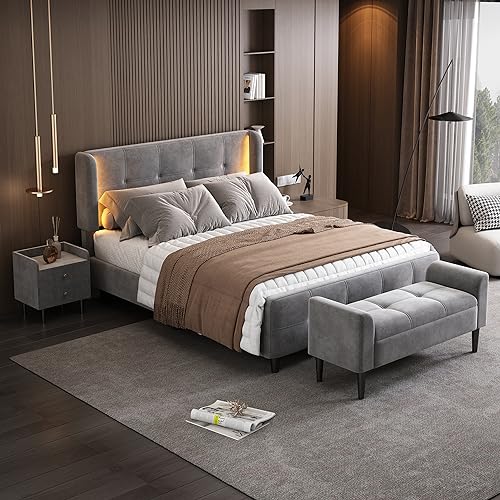 Komplettschlafzimmer Set, Modernes Design Polsterbett + 1x Nachttisch+ Betthocker, Doppelbett mit 16-farbigen Lichtleisten an den Seitenohren, Nachttisch mit 2 Schubladen, Samt, Grau (140x200 cm) von Kayan