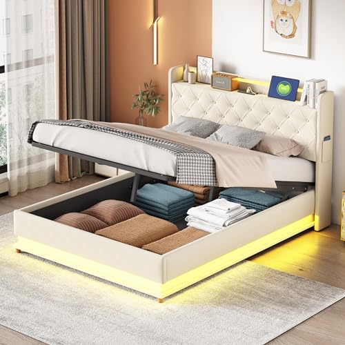 LED-Polsterbett 140X200 cm, Bett mit Großer Stauraum & Lattenrost, Bettgestell Metall Boxspringbett, Polster Kopfteil mit Regal und USB-Ladeanschluss, Hautfreundlicher Leinenstoff (Beige, 140X200 cm) von Kayan