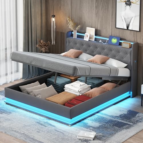 LED-Polsterbett 160X200 cm, Bett mit Großer Stauraum & Lattenrost, Bettgestell Metall Boxspringbett, Polster Kopfteil mit Regal und USB-Ladeanschluss, Hautfreundlicher Leinenstoff (Grau, 160X200 cm) von Kayan