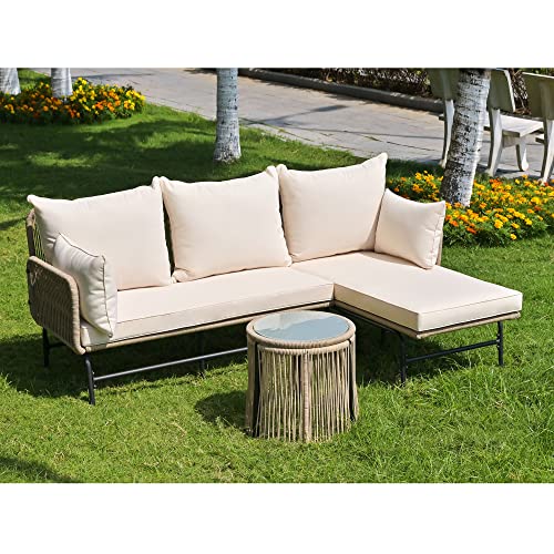 Lounge Gartenmöbel Set, Gartenmöbel aus gewebtem Seil für den Außenbereich, L-förmiges Gartensofa mit Tisch und Kissen, Beige von Kayan