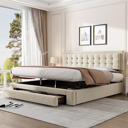 Polsterbett Doppelbett 160x200 cm, Bett mit Stauraum Kasten und Schubladen, Stauraumbett mit Lattenrost aus Holz, Hydraulisches Metallrahmen Bettgestell, Samt (Beige, 160x200 cm) von Kayan