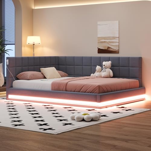 Polsterbett Schlafsofa 160x200 mit LED-Beleuchtung und Aufladen USB, Daybett Tagesbett Gästebett Multifunktionsbett mit Lattenrost, Ohne Matratze, Grau von Kayan