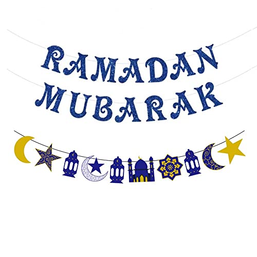 Ramadan Deko Ramadan Mubarak Banner Blauer Glitzer Ramadan Dekorationen für Zuhause Ramadan Kareem Party liefert Stern Laterne Mondgirlande Eid Mubarak Dekoration von Kayan