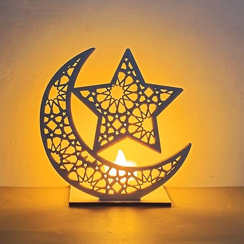 Ramadan LED Lampe Holz Ramadan Deko Eid Mubarak Dekoration, Mond Stern Ramadan Festival Dekoration Halbmond Nachtlicht für Muslimische Festival Dekorative Ramadan Gebetszubehör (G) von Kayan