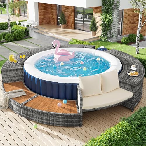 Spa-Pool, Gartenmöbel-Set, Poolumrandung, PE-graues Rattan und Akazienholz, mit Stauraum, Lounge-Set, für Pool, mit verstellbaren Füßen, inklusive Kissen von Kayan