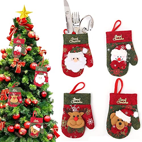 Weihnachten Bestecktasche Weihnachten Messer Gabel Taschen Handschuh Geformt Messer Gabel Tasche Besteckhalter Weihnachtsmann ​Elch Schneemann Weihnachtshandschuhe Tischdekoration 4 Stücke von Kayan