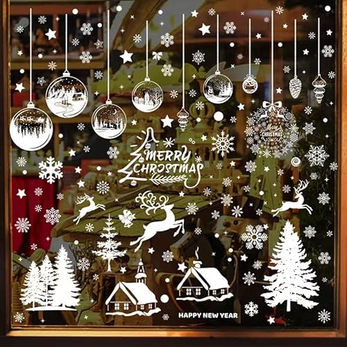 Weihnachten Fenstersticker Wiederverwendbar Selbstklebend Statisch PVC Aufkleber Fensteraufkleber für Türen, Fenster und Vitrinen Weiß Winter Fensterdeko Dekoration Set Schneeflocken Elch 9 Blätter von Kayan