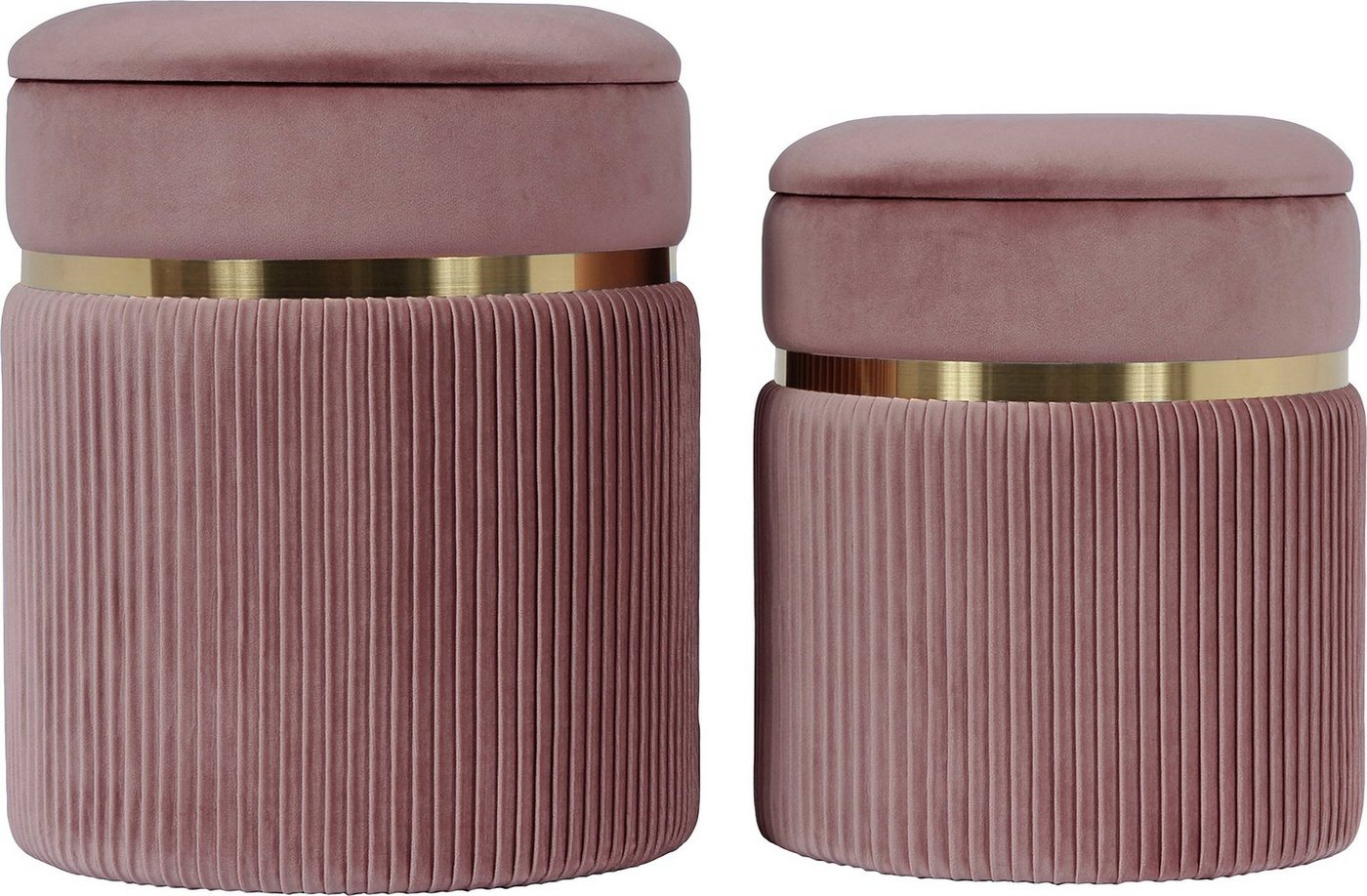 Kayoom Polstergarnitur Hocker Zora 325 2er-Set, samtweicher Stoffbezug,runde elegante Form, (Set, 2-tlg., Hocker 1: B 36 /H 44/ T36 cm
Hocker 2: B 31,5 /H 38/ T31,5 cm), edles Design mit Metallring, gepolstert, mit Stauraum von Kayoom