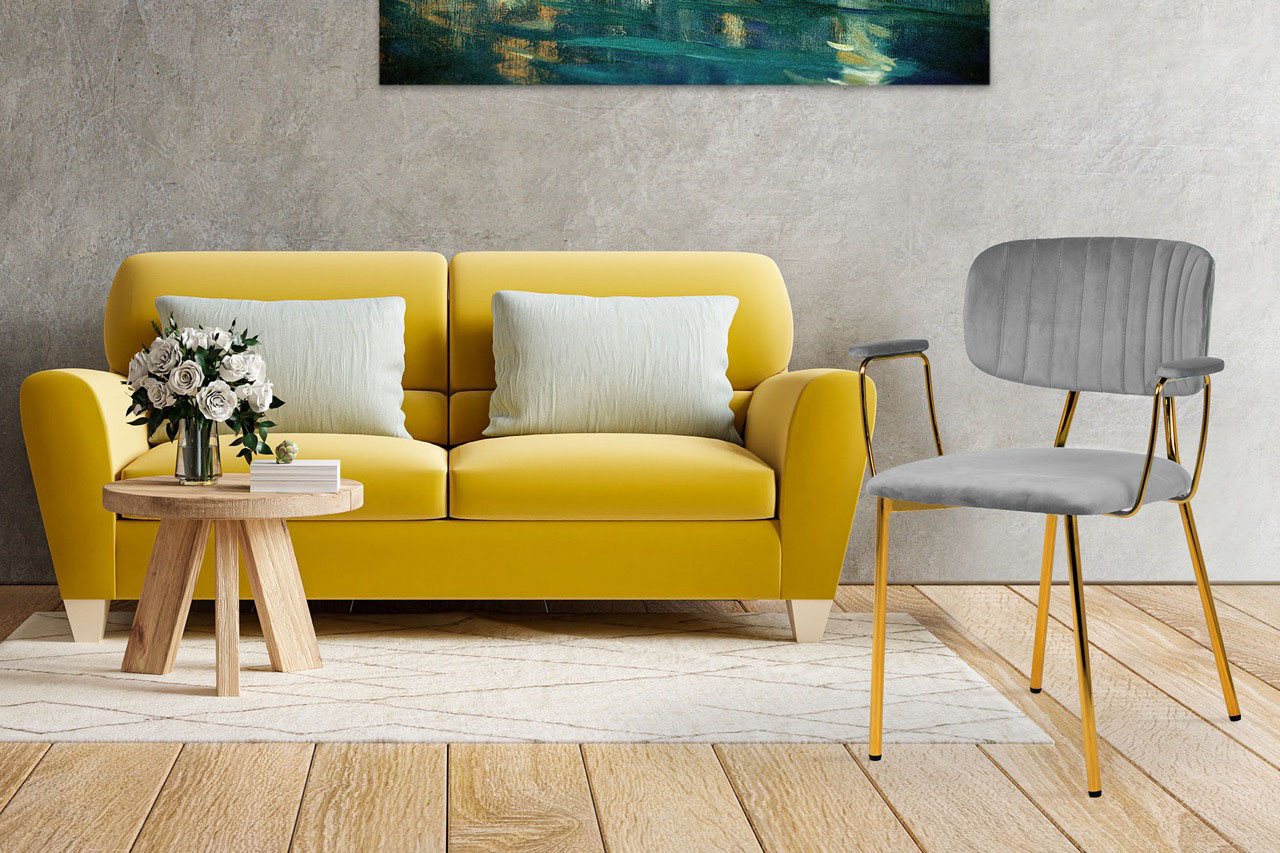 Kayoom Polsterstuhl Stuhl Giselle 225 2er-Set, Gestell aus Edelstahl (Set, 2 St), mit Armlehnen, goldenes Gestell aus Edelstahl, Samtbezug, Ziernähte von Kayoom