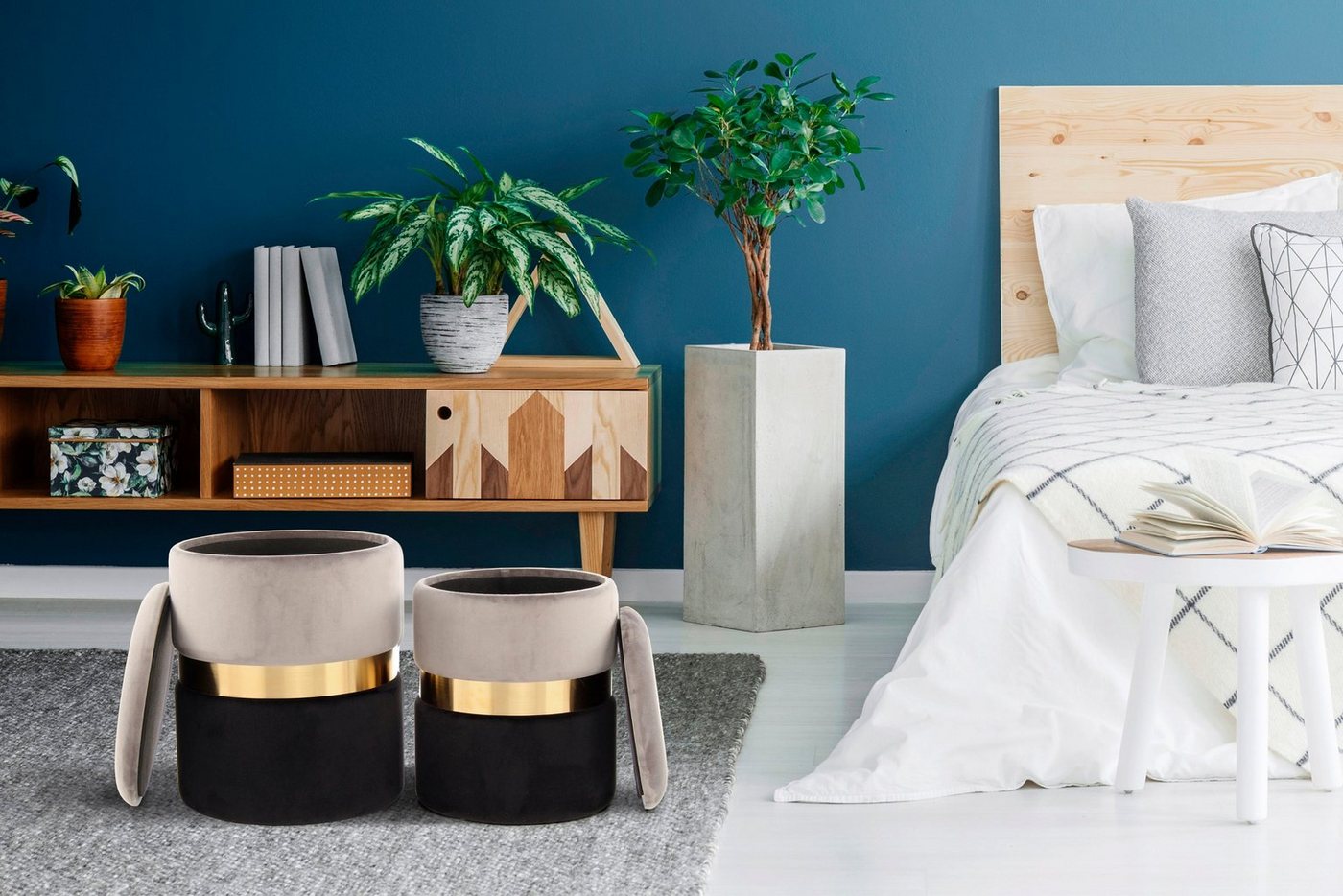 Kayoom Stauraumhocker Hocker Zora 125 2er-Set, samtweicher Stoffbezug,runde elegante Form (Set, 2 St), edles Design mit Metallring, gepolstert, mit Stauraum von Kayoom