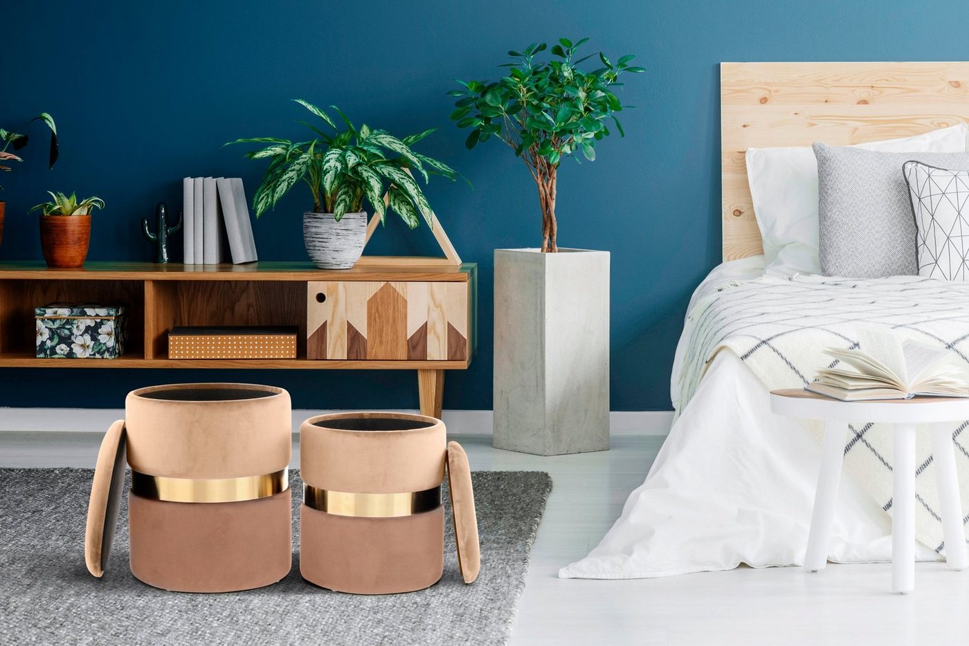 Kayoom Stauraumhocker Hocker Zora 125 2er-Set, samtweicher Stoffbezug,runde elegante Form (Set, 2 St), edles Design mit Metallring, gepolstert, mit Stauraum von Kayoom