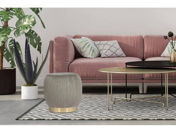 Sitzhocker KAYOOM Hocker Lilje, Edler Touch durch goldenen Sockel,Hochwertiger Samtbezug , grau, B:43cm H:42cm T:43cm, Bezug: 100% Polyester/ Korpus: MDF, Sperrholz Gestell: Edelstahl, Hocker, Sitzhocker, samtweich, gesteppte Ziernaht, Edelstahlsockel, Hochwertiger Samtbezug von Kayoom