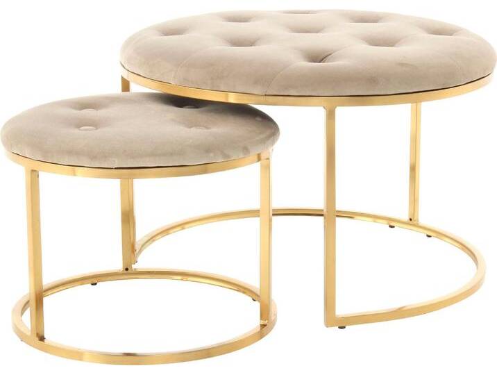 Sitzhocker KAYOOM Hocker Myla 2er-Set, praktisch ineinander schiebbar , grau (taupe, gold), B:60cm H:41cm T:60cm, Sitzbezug: 100% Polyester Korpus: Sperrholz Gestell: 100% Eisen, Hocker, Sitzhocker, ineinander schiebbar, rund, gesteppt, mit Zierknöpfen von Kayoom