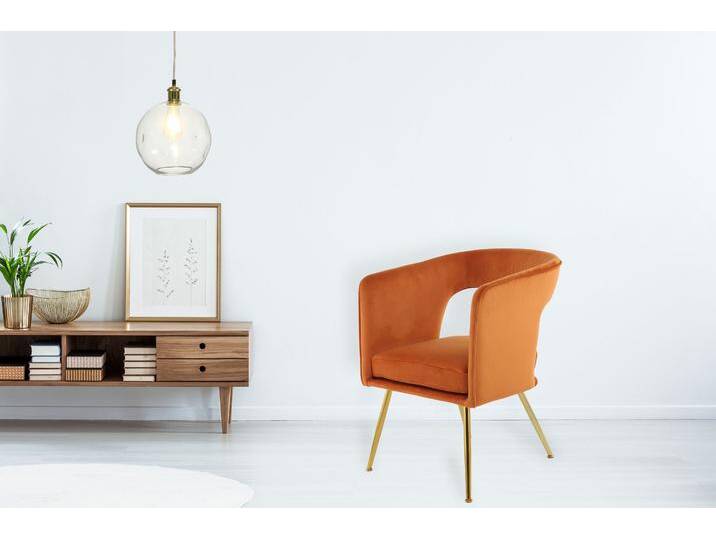 Stuhl KAYOOM, orange, B:60cm H:77cm T:63cm, Sitz:Stoffbezug aus 100% Polyester Gestell:100% Eisen, Stühle, samtweicher Bezug, Rückenlehne und Armlehnen abgerundet von Kayoom