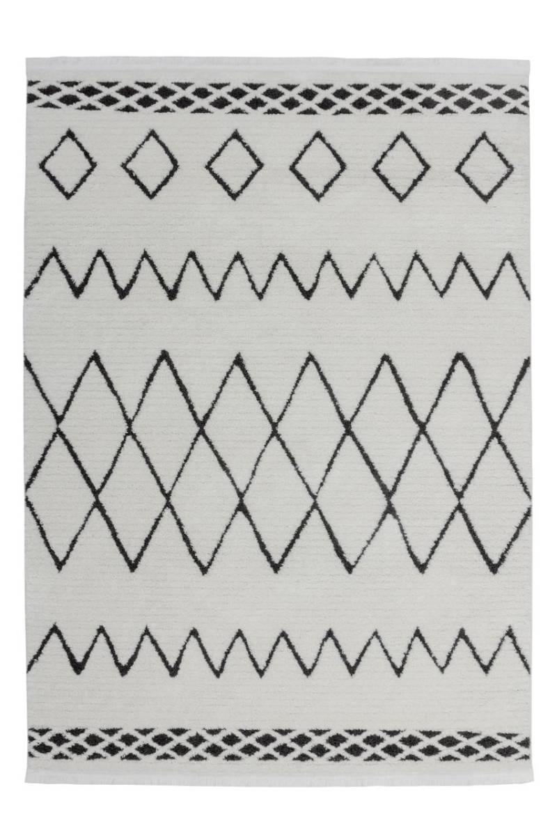 Teppich Wohnzimmer Hochflor weich creme modern Schlafzimmer boho Rauten schwarz von Kayoom