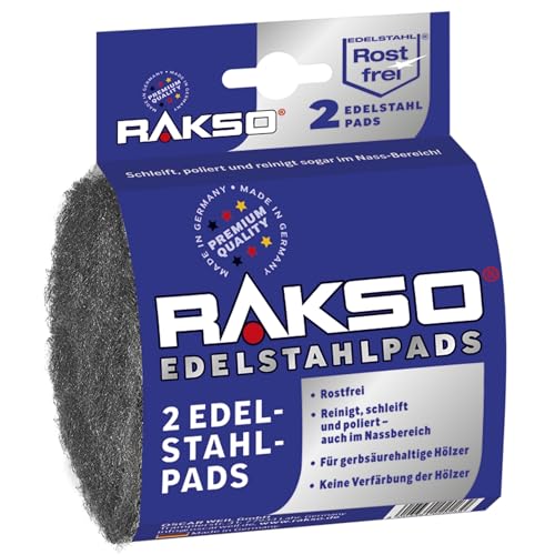RAKSO Edelstahlpads extra - fein, 2 Pads rostfrei, Edelstahlwolle, Oberflächenbehandlung im Nassbereich, reinigt, schleift, poliert von RAKSO