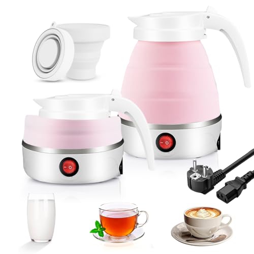 Faltbarer Wasserkessel, 0.6L Camping Tragbarer Wasserkocher mit 2 Faltbaren Becher, Elektrischer Silikon Wasserkocher mit 304 Edelstahlboden Silikon Reisewasserkocher für Camping, Reise, Outdoor(Rosa) von Kayuneed