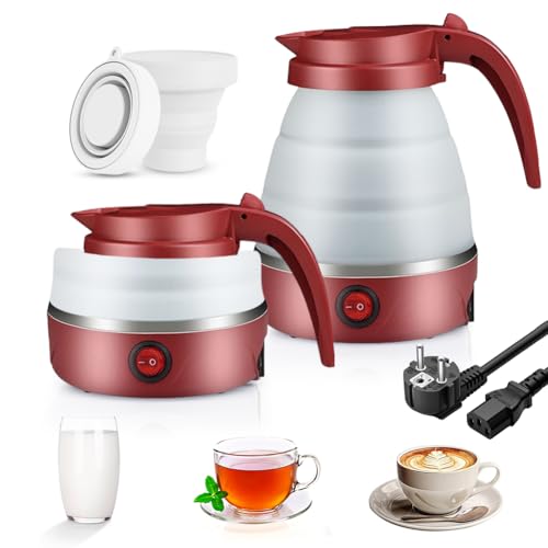 Faltbarer Wasserkessel, 0.6L Camping Tragbarer Wasserkocher mit 2 Faltbaren Becher, Elektrischer Silikon Wasserkocher mit 304 Edelstahlboden Silikon Reisewasserkocher für Camping, Reise, Outdoor(Rot) von Kayuneed