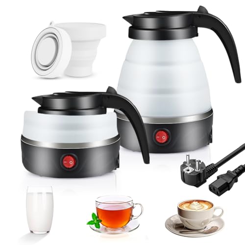 Faltbarer Wasserkessel 0.6L Camping Tragbarer Wasserkocher mit 2 Faltbaren Becher, Elektrischer Silikon Wasserkocher mit 304 Edelstahlboden Silikon Reisewasserkocher für Camping Reise Outdoor, Schwarz von Kayuneed