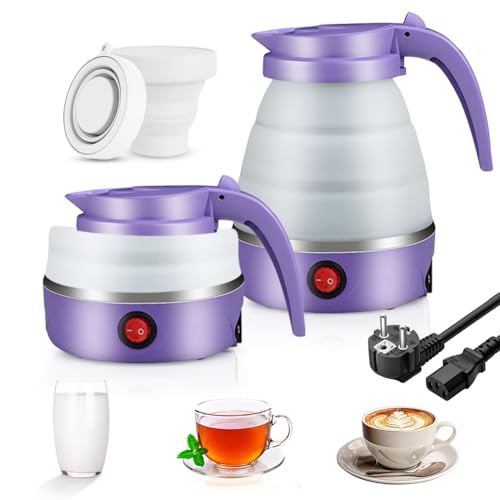 Faltbarer Wasserkessel, 0.6L Camping Tragbarer Wasserkocher mit 2 Faltbaren Becher, Elektrischer Silikon Wasserkocher mit 304 Edelstahlboden Silikon Reisewasserkocher für Camping, Reise, Outdoor(Lila) von Kayuneed