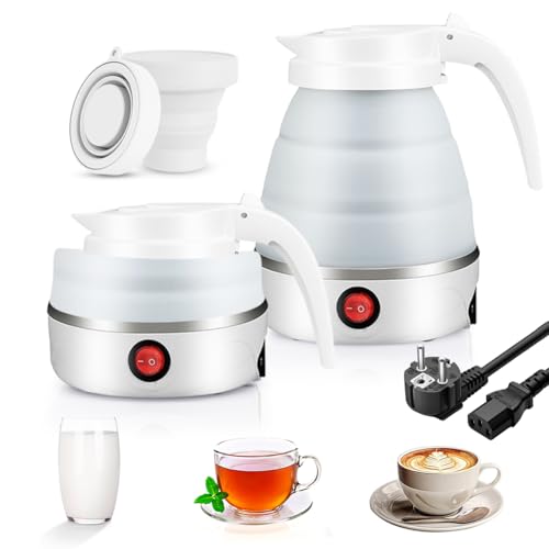 Faltbarer Wasserkessel, 0.6L Camping Tragbarer Wasserkocher mit 2 Faltbaren Becher, Elektrischer Silikon Wasserkocher mit 304 Edelstahlboden Silikon Reisewasserkocher für Camping, Reise, Outdoor(Weiß) von Kayuneed