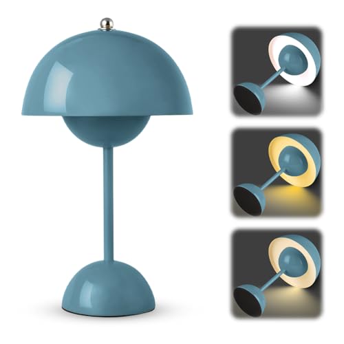 Flowerpot Tischlampe, LED Akku Tischlampe Kabellos, 3000k-6000k Moderne Aufladbar Touch Dimmbar Nachttischlampe mit 3 Helligkeitsmodi, Pilzlampen Lamp für Schlafzimmer, Wohnzimmer, Büro, Kalkblau von Kayuneed