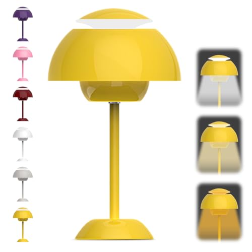 Pilzlampen Tischlampe, LED Akku Tischlampe Kabellos 3000k-6000k Moderne Aufladbar Touch Dimmbar Nachttischlampe mit 3 Helligkeitsmodi, Flowerpot Lamp für Schlafzimmer, Wohnzimmer, Büro (Gelb) von Kayuneed