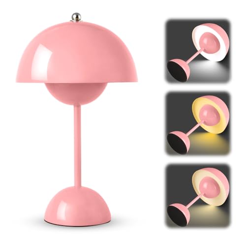Rosa Flowerpot Tischlampe, LED Akku Tischlampe Kabellos, 3000k-6000k Moderne Aufladbar Touch Dimmbar Nachttischlampe mit 3 Helligkeitsmodi, Pilzlampen Lamp für Schlafzimmer Wohnzimmer Restaurants Büro von Kayuneed