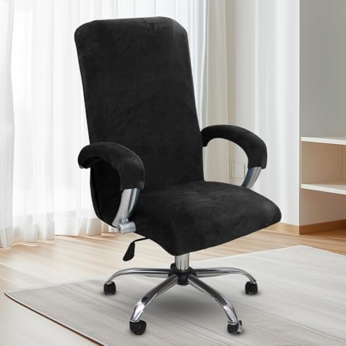 Samt Bürostuhl Bezug mit Armlehne - Waschbar Stretch Stuhlhussen, Abnehmbare für Bürostuhl Stuhlhussen Bezug, Hohe Lehne Bürostuhl Sitzbezug für Gaming Stuhl,Computer Stuhl,Drehstuhl (Schwarz,Large) von Kayuneed
