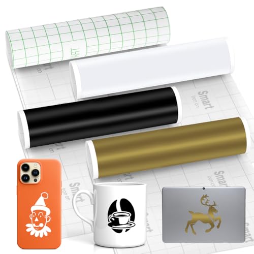 Smart Vinyl Permanent für Cricut Explore 3/Maker 3, 4 Rollen Smart Vinyl, 33x100cm Transferfolie Rollen Vinylfolie Plotter Set für DIY Tassen, Basteldekoration (Schwarz+Weiß+Gold+Transferfolie) von Kayuneed