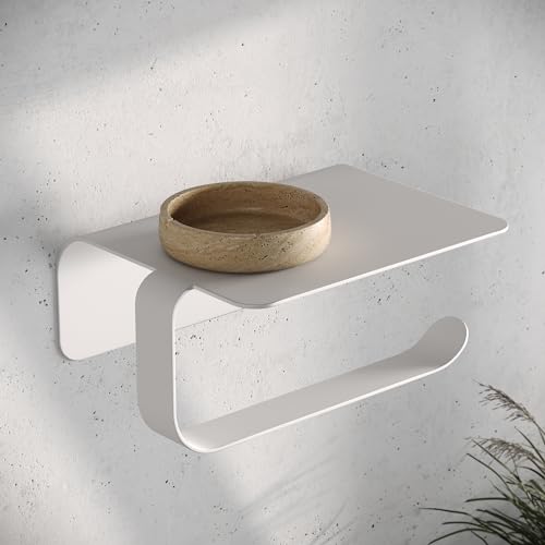 KAZAI.® Design Toilettenpapierhalter 'Leif' - Mit Ablage | Ohne Bohren (Selbstklebend) | Aus Edelstahl | WC-Halter/Rollenhalter für Badzimmer | Weiß Matt von Kazai.