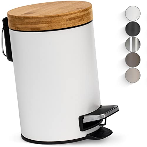Kazai.® 3l Design Kosmetikeimer | Bad-Mülleimer mit Bambus-Holzdeckel und Absenkautomatik | Mit Anti-Fingerabdruck und Komfort-Pedale | Weiß von Kazai.