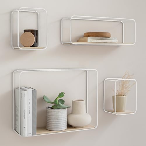 Kazai. Wandregal-Set -Jona- | 4-Teiliges Hängeregal aus Metall und Echtholz-Veneer | Wanddeko und Ablage für Bad, Wohnzimmer, Küche, Schlafzimmer und mehr | Birke, weiß von Kazai.