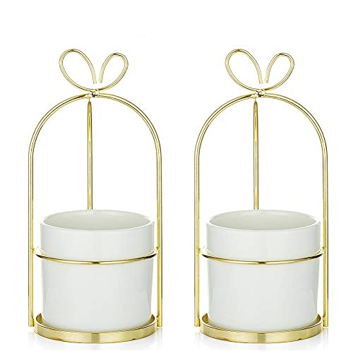 kazeRyu 2-teiliges Keramik-Sukkulenten-Pflanzgefäß-Set Mit Goldenem Ständer – Kleine Kaktus-Töpfe for Den Schreibtisch/zum Aufhängen(Black) von KazeRyu
