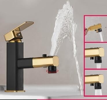 kazeRyu Ausziehbarer Mischbatterie For Badezimmerwaschbecken – 3-Wege-Wasserauslass, Heiß/kalt, Messing Aufsatzwaschbecken(G) von KazeRyu