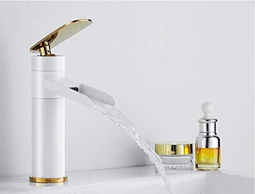 kazeRyu Badezimmer Waschbecken Einhebel Wasserfall Mischbatterie - Schwarz Gold Weiß Messing Kran(White Gold Short) von KazeRyu