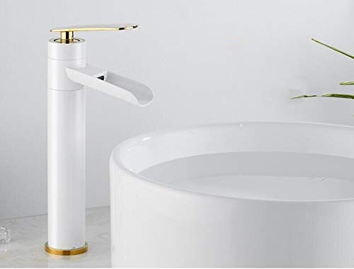 kazeRyu Badezimmer Waschbecken Einhebel Wasserfall Mischbatterie - Schwarz Gold Weiß Messing Kran(White Gold Tall) von KazeRyu
