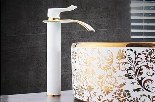 kazeRyu Badezimmer-Wasserhahn, Warm Und Kalt, Goldfarben, Messing, Wasserfall-Waschbecken, Einhebel-Waschtischarmatur(White Gold Tall) von KazeRyu