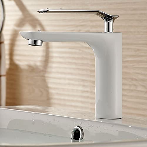 kazeRyu Chrom-Waschbecken-Mischbatterie For Badezimmer – Kalt- Und Warmwasser, Weiß, Messing-Waschbeckenarmatur(White Chrome Short) von KazeRyu