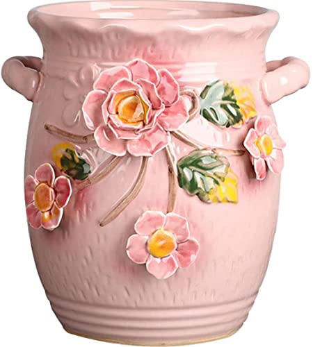 kazeRyu Handgefertigter Keramik-Übertopf Mit Drainageloch – Retro-Topf Mit Doppelgriff Und 3D-Relief for Heim- Und Gartendekoration(Pink) von KazeRyu